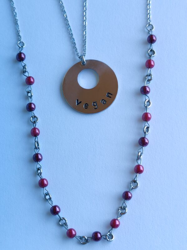 Double chain necklace with purple and pink beads - vegan pendant - Image 2