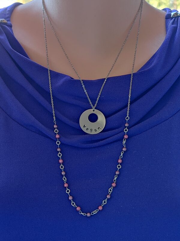 Double chain necklace with purple and pink beads - vegan pendant